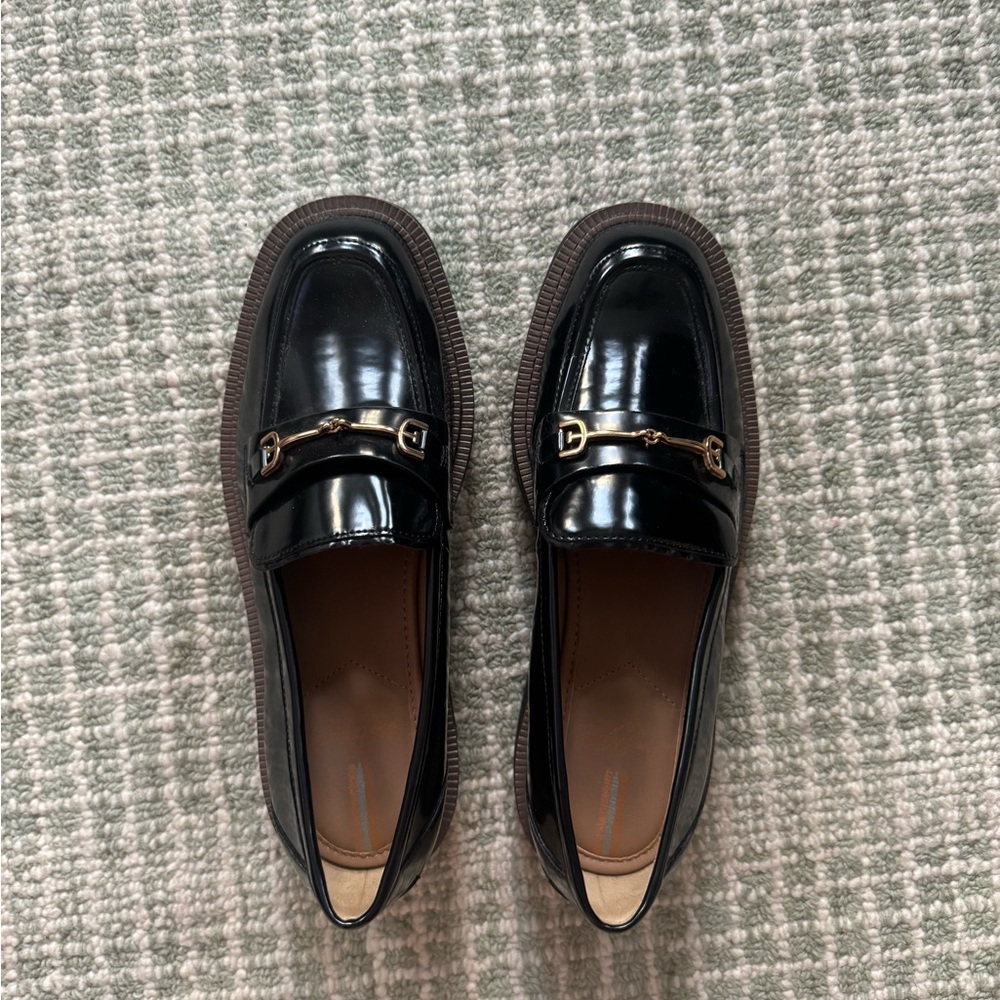 Patent Black Women's Loafers with Gold Bit Hardware